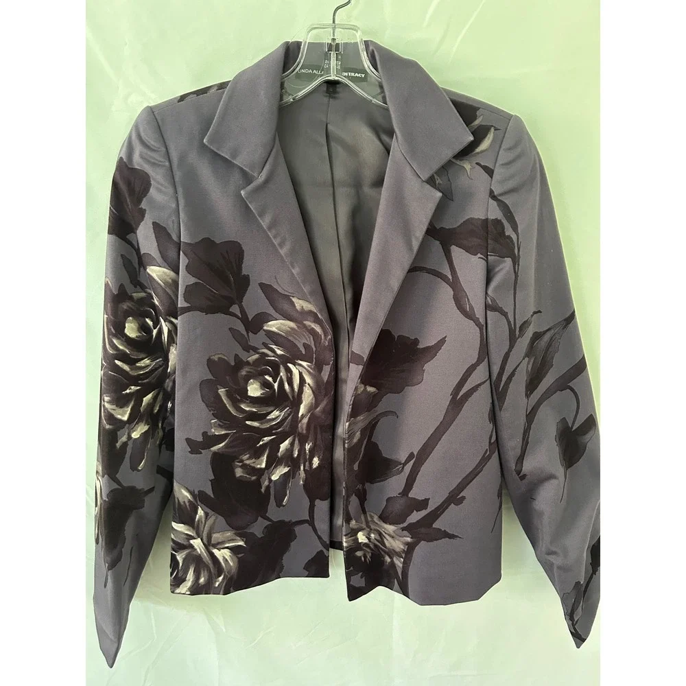 Linda Allard‎ Ellen Tracy Floral Blazer Petite 0 Dark Gray Jacket